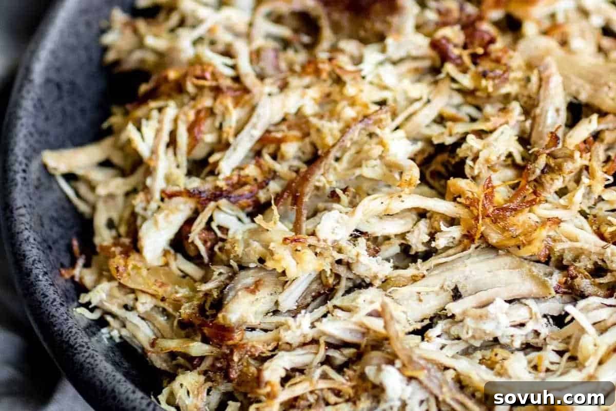 A close-up of a plate piled high with shredded, slow-cooked pork carnitas, featuring a mix of tender and deliciously browned, crispy edges.