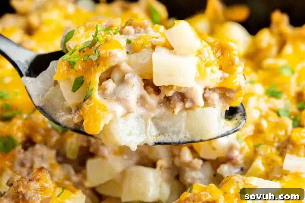 A spoonful of cheesy, creamy potato and ground meat casserole topped with fresh herbs.
