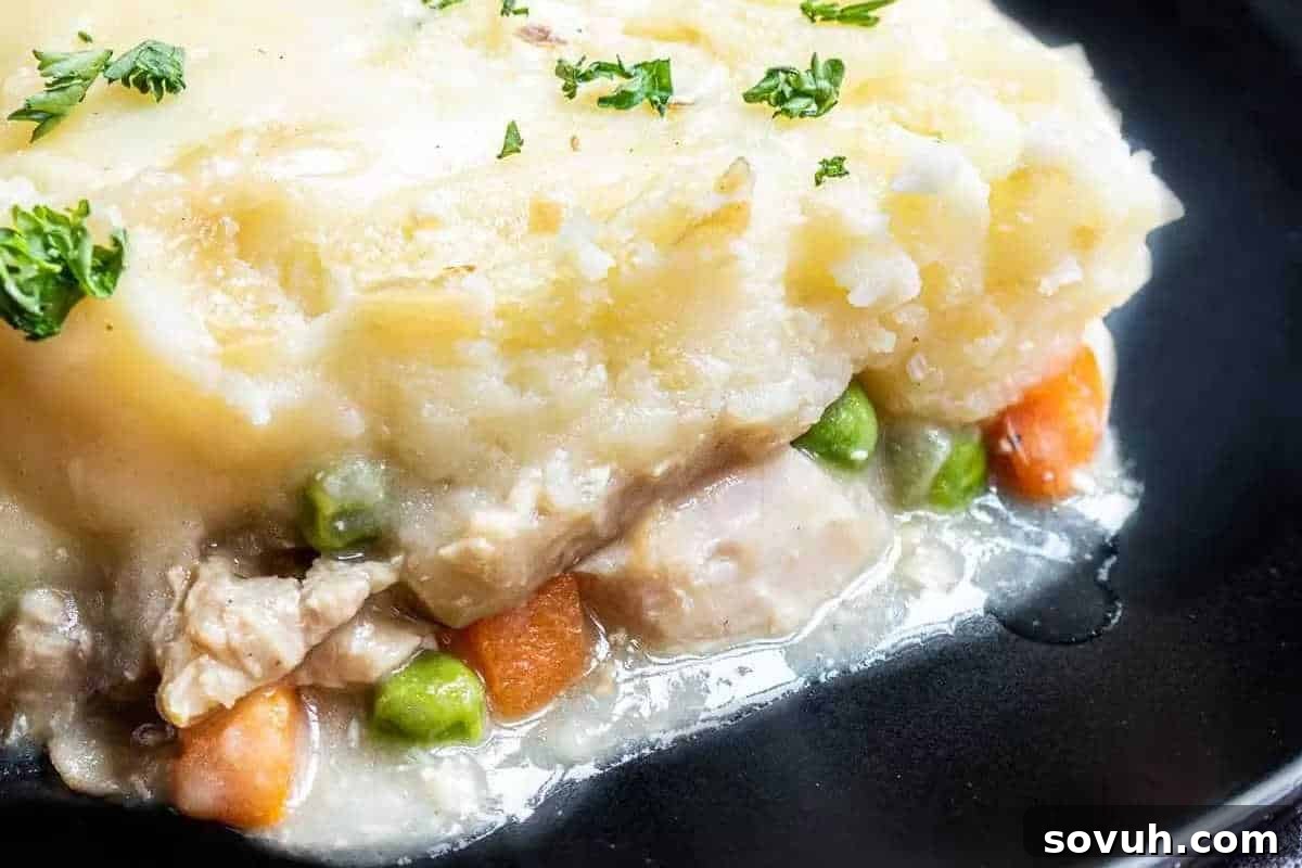 Close-up of a slice of chicken pot pie with mashed potato topping, showing chunks of chicken, carrots, and peas in a creamy base, garnished with chopped parsley.