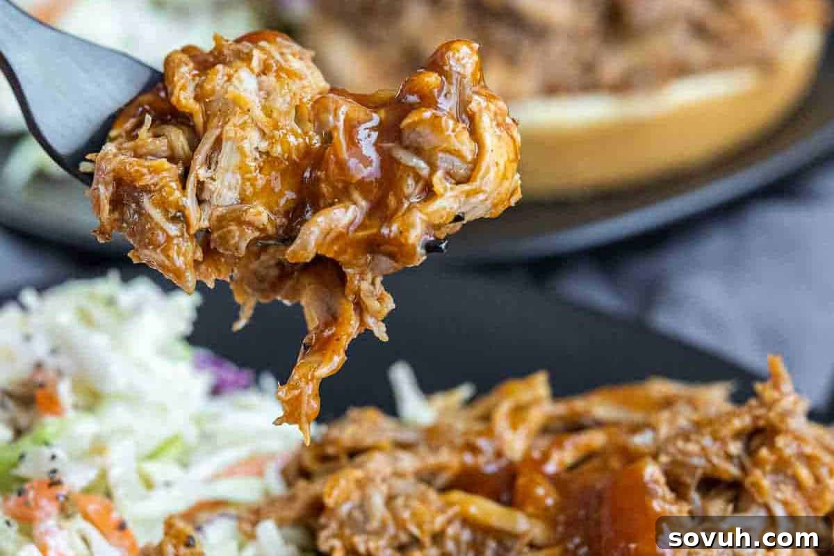 Close-up of a fork holding a portion of barbecue pulled pork with sauce, with a side of coleslaw visible on the lower left, presenting a tantalizing meal. The pork looks incredibly tender and coated in a rich, smoky BBQ sauce.