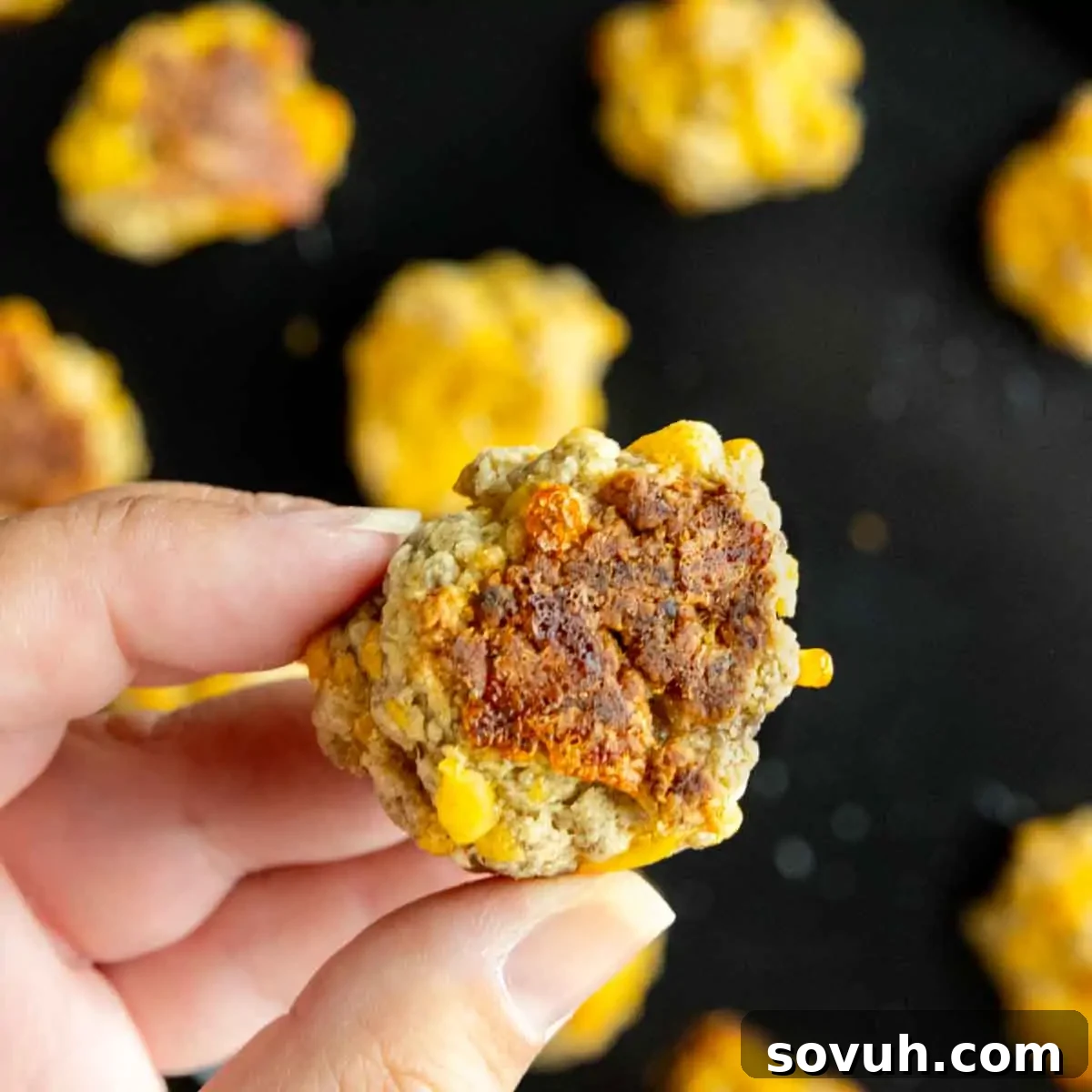 Close-up of a hand holding a homemade sausage cheese ball with a bite taken out, revealing the cheesy and sausage-filled interior. Other similar cheese balls are visible in the background on a black surface, emphasizing the deliciousness and texture.