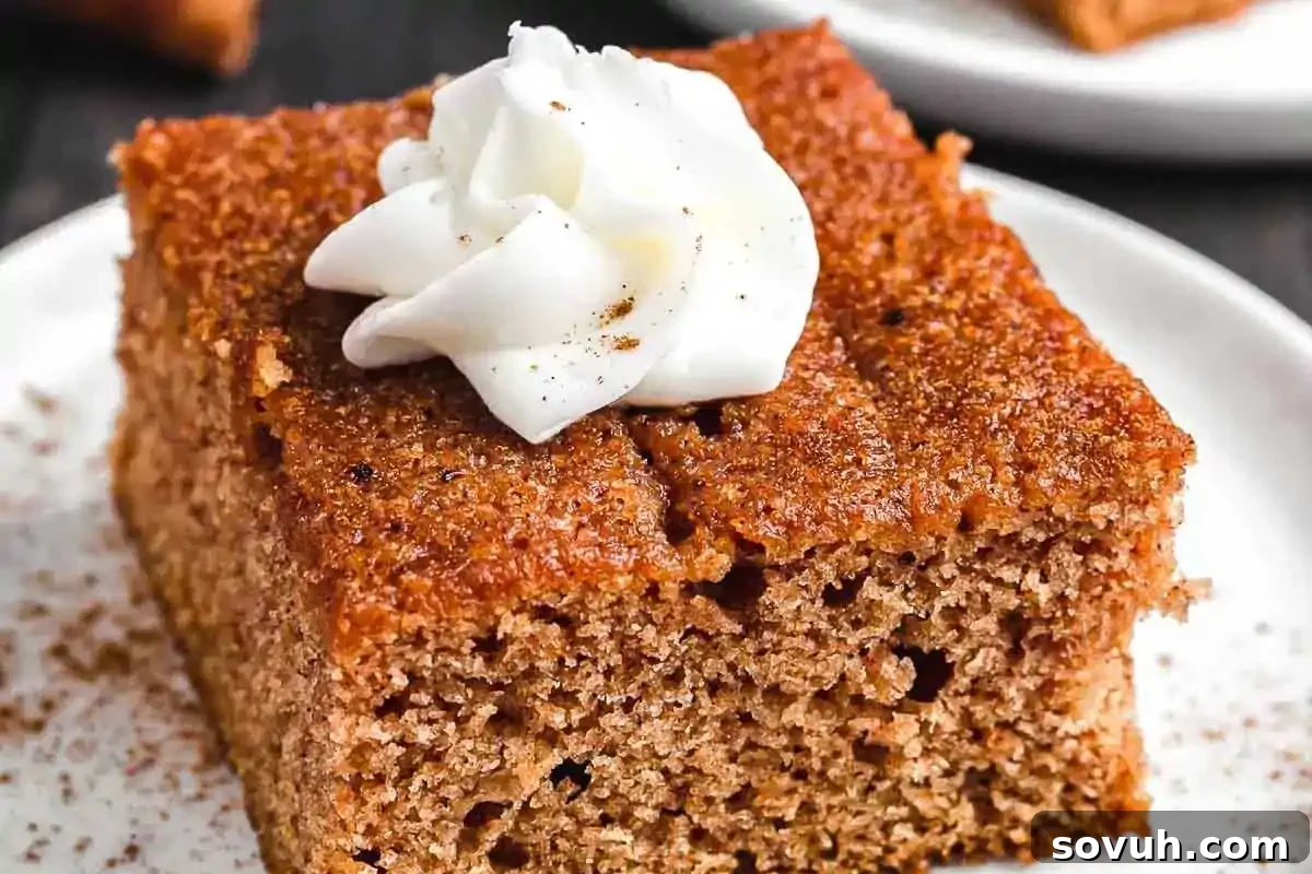 A slice of spice cake topped with a dollop of whipped cream and a light dusting of cinnamon on a white plate makes for the perfect fall dessert, embodying the essence of fall baking.
