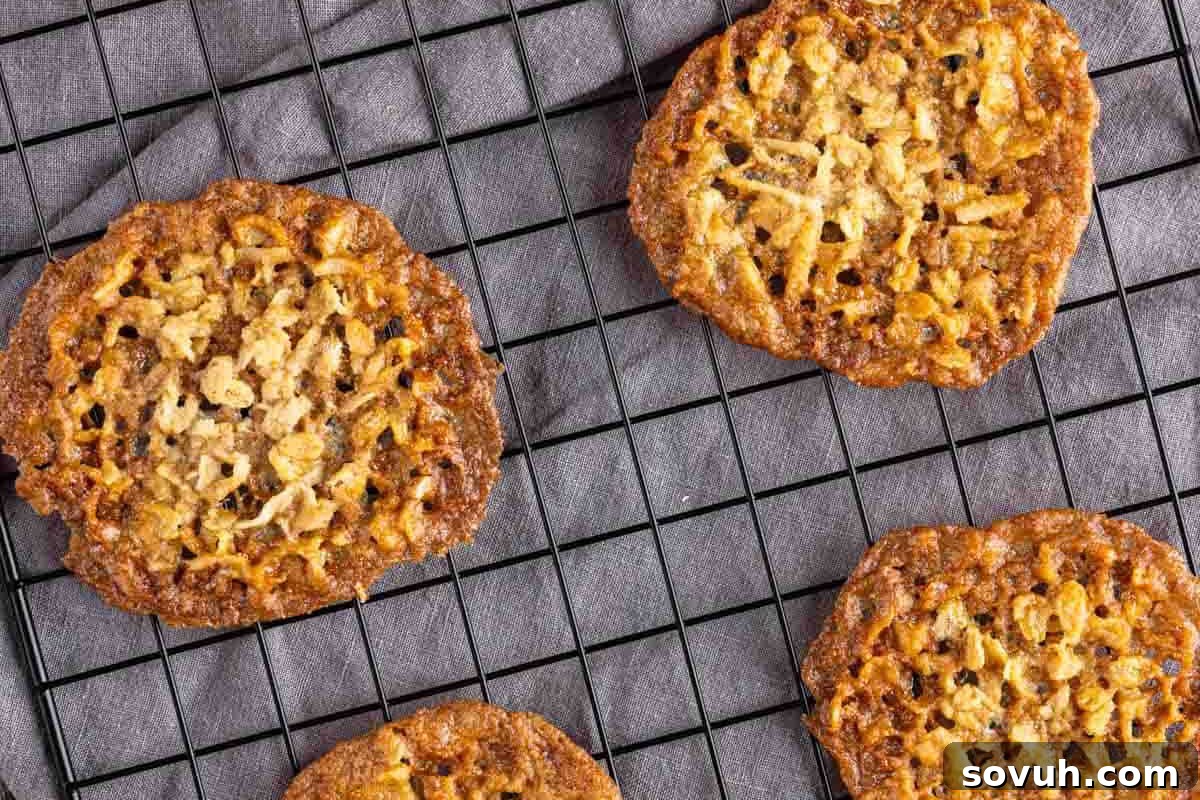 Five lace cookies cooling on a black wire rack over a grey cloth background, embodying the spirit of fun baking.