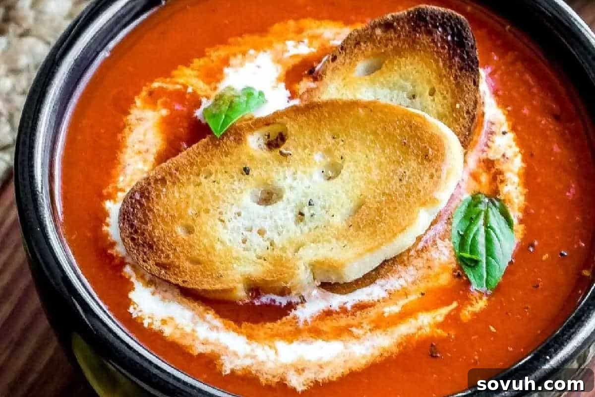 A bowl of tomato soup with a swirl of cream, topped with two toasted bread slices and garnished with fresh basil leaves.