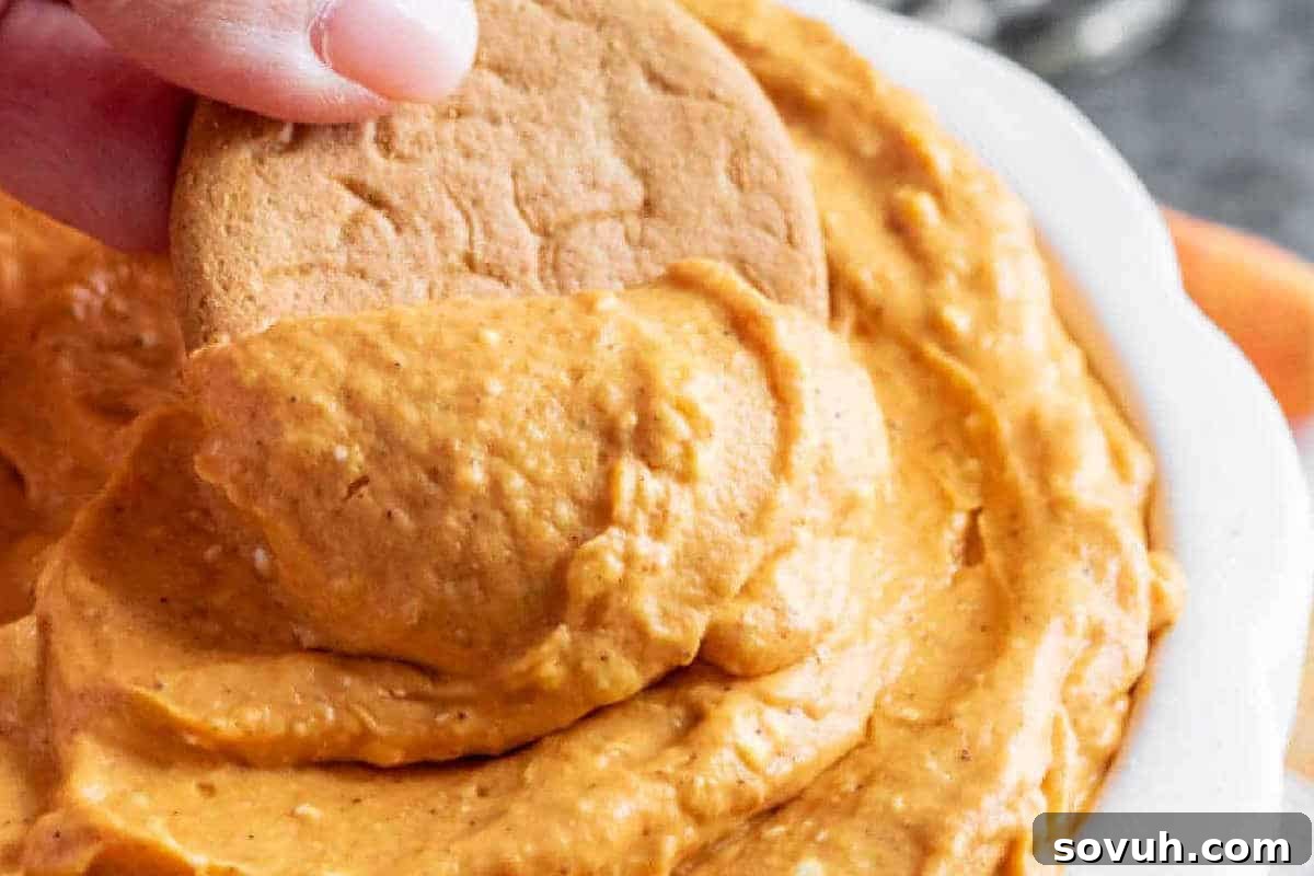 A welcoming scene showing a hand gracefully dipping a round, golden cookie into a bowl brimming with creamy, vibrant orange pumpkin dip, highlighting the irresistible texture and inviting flavor of this easy fall dessert.