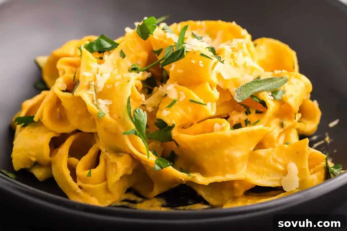 A generous serving of wide ribbon pasta, luxuriating in a rich, creamy orange sauce, elegantly garnished with a sprinkle of freshly chopped parsley and finely grated cheese, creating an inviting and gourmet fall meal.