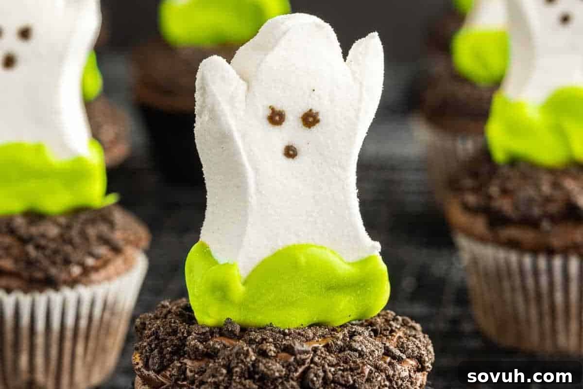 A charming cupcake topped with a generous layer of crumbled cookies resembling 'dirt' and an adorable marshmallow ghost decoration, creating a simple yet effective Halloween treat.