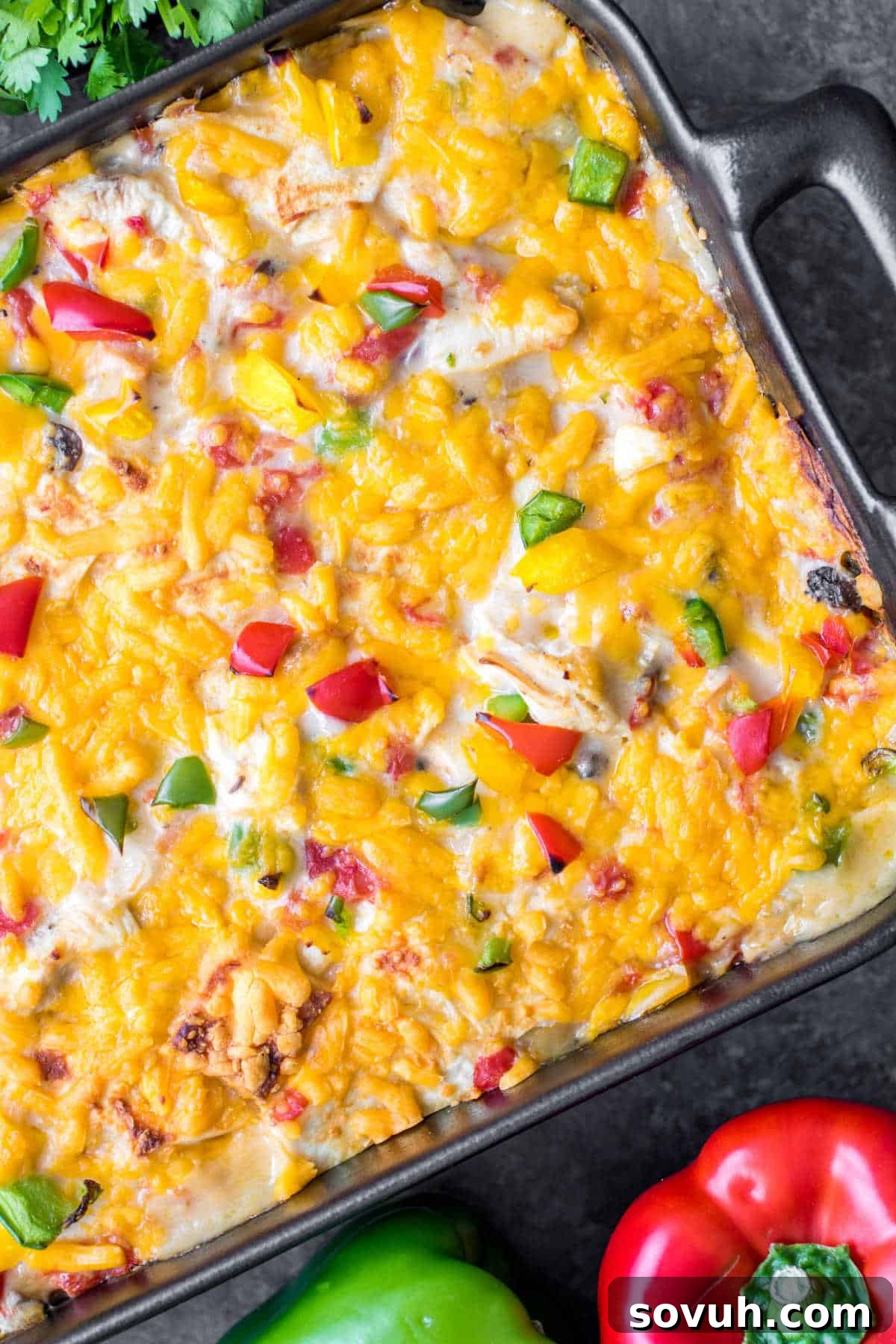 Full King Ranch Chicken Casserole in a casserole dish, fresh from the oven