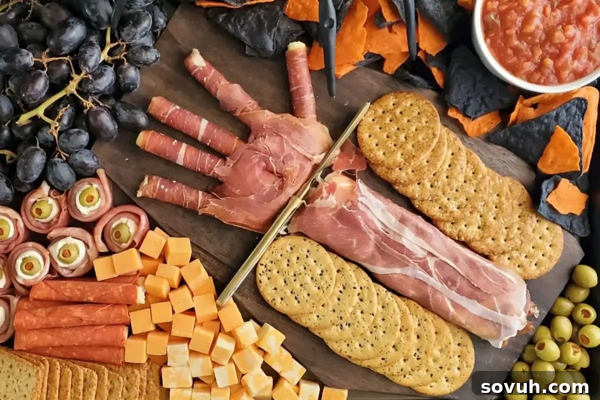 A Halloween-themed charcuterie board with prosciutto arranged as a hand, surrounded by crackers, cheese cubes, grapes, olives, and chips, with a bowl of salsa.