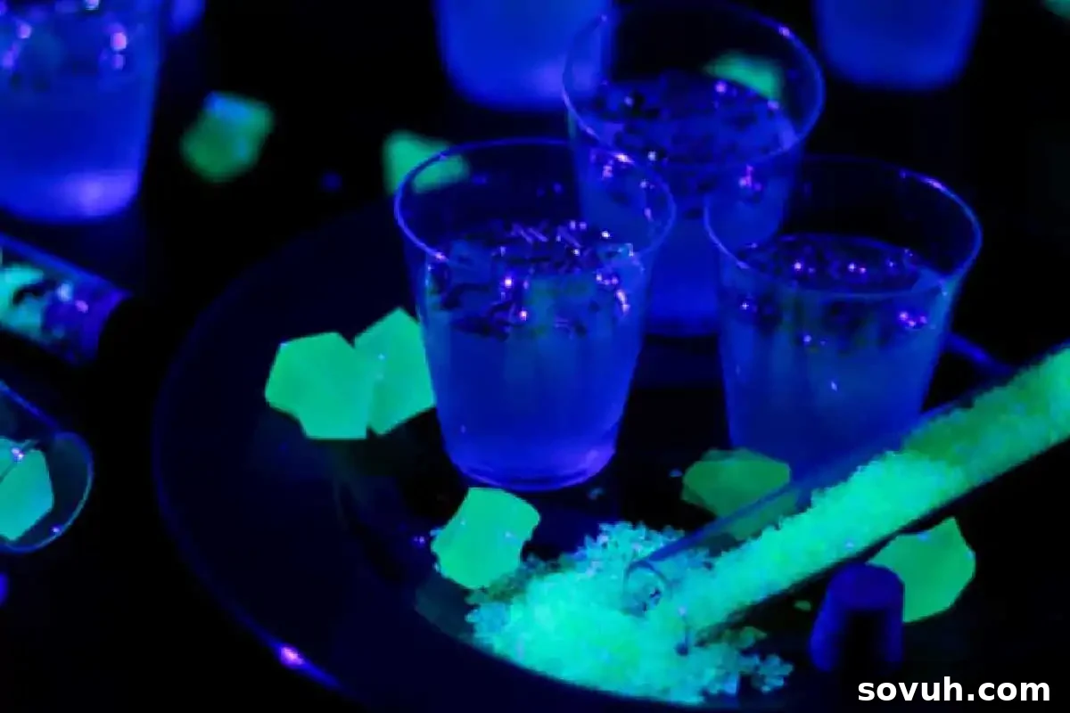 Glowing drinks and neon-colored candies are displayed under black light, creating a vibrant, colorful effect.