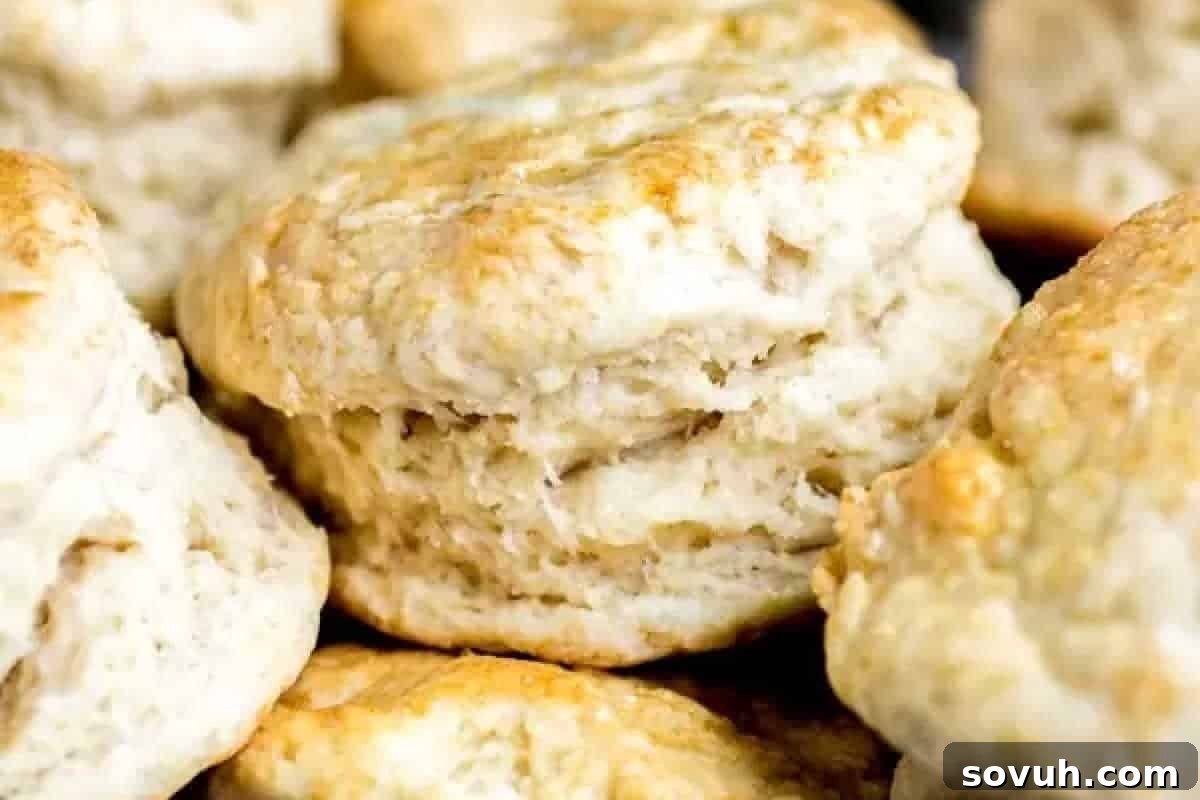 Golden-brown, perfectly fluffy baking powder biscuits, stacked invitingly on top of each other, ready to be served warm with butter or gravy for a comforting holiday meal.