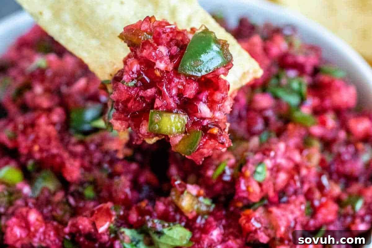 Close-up of a chip scooping vibrant salsa with chunks of red and green vegetables, served in a white bowl.