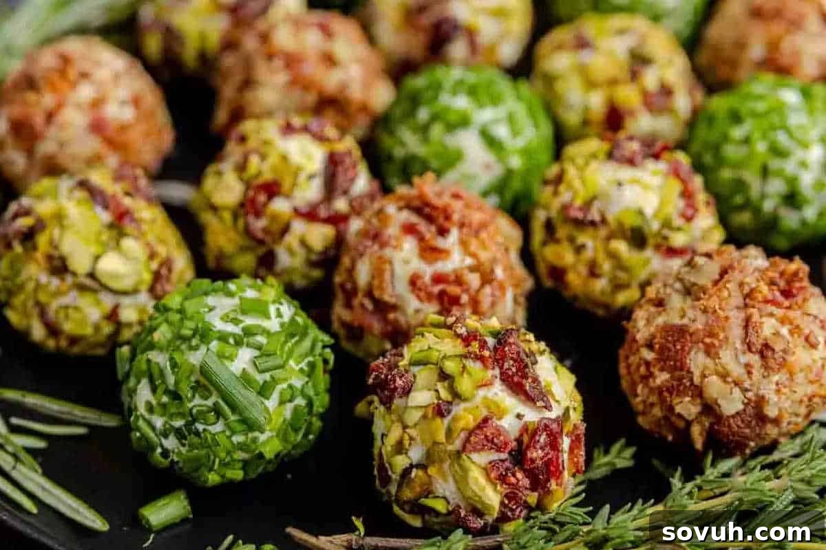 Close-up of assorted cheese balls coated with chopped herbs, nuts, and spices on a black plate.