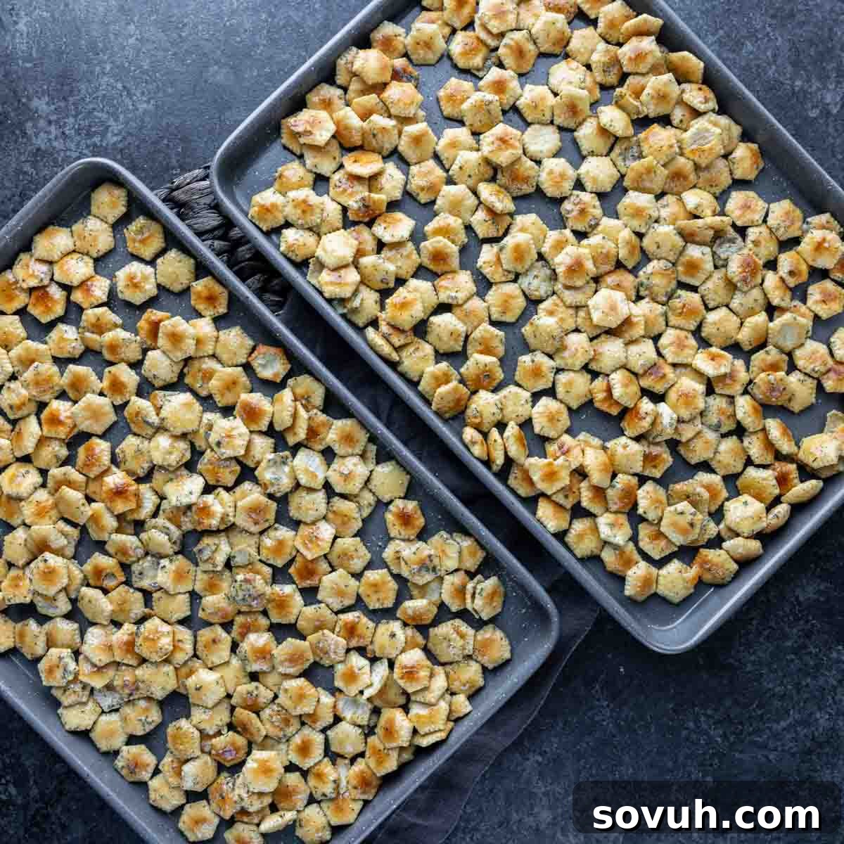 Two baking trays filled with small, seasoned hexagonal crackers on a dark surface.