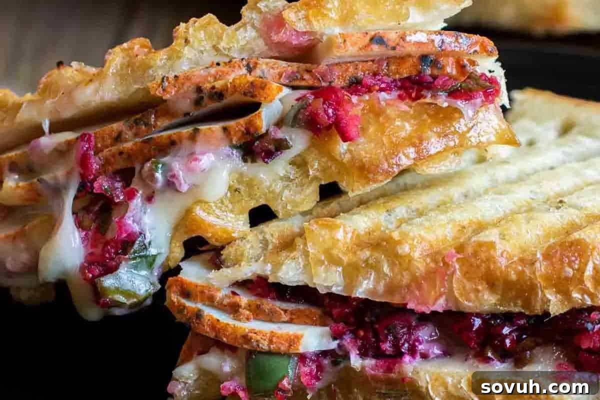 Close-up of a grilled panini with layers of melted brie cheese, tender turkey slices, and a vibrant red cranberry salsa filling on golden-brown, crusty bread.