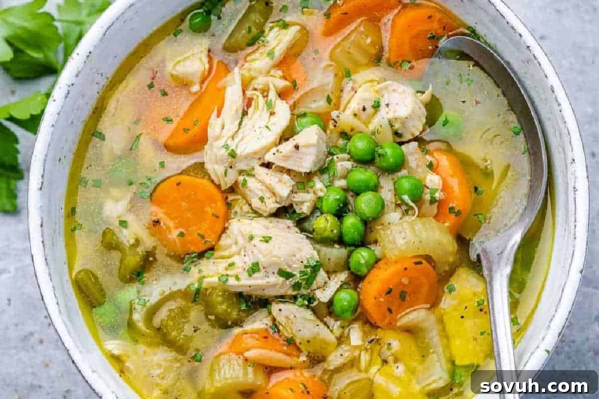 A comforting bowl of homemade turkey vegetable soup, brimming with tender turkey pieces, vibrant carrots, sweet peas, crisp celery, and green beans, beautifully garnished with fresh herbs, with a spoon ready for enjoyment.