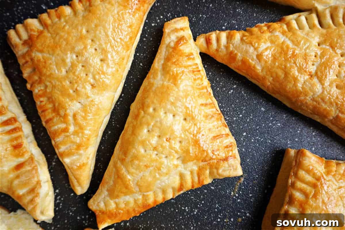 Golden-brown, perfectly flaky triangular pastries filled with savory turkey, arranged artfully on a speckled black surface, ready for enjoyment.