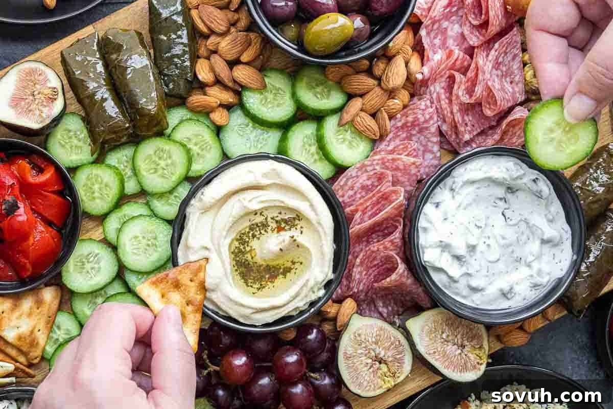 A platter with sliced cucumber, cured meats, dips, figs, grapes, dolmas, almonds, and roasted peppers. Two hands are shown reaching for food.