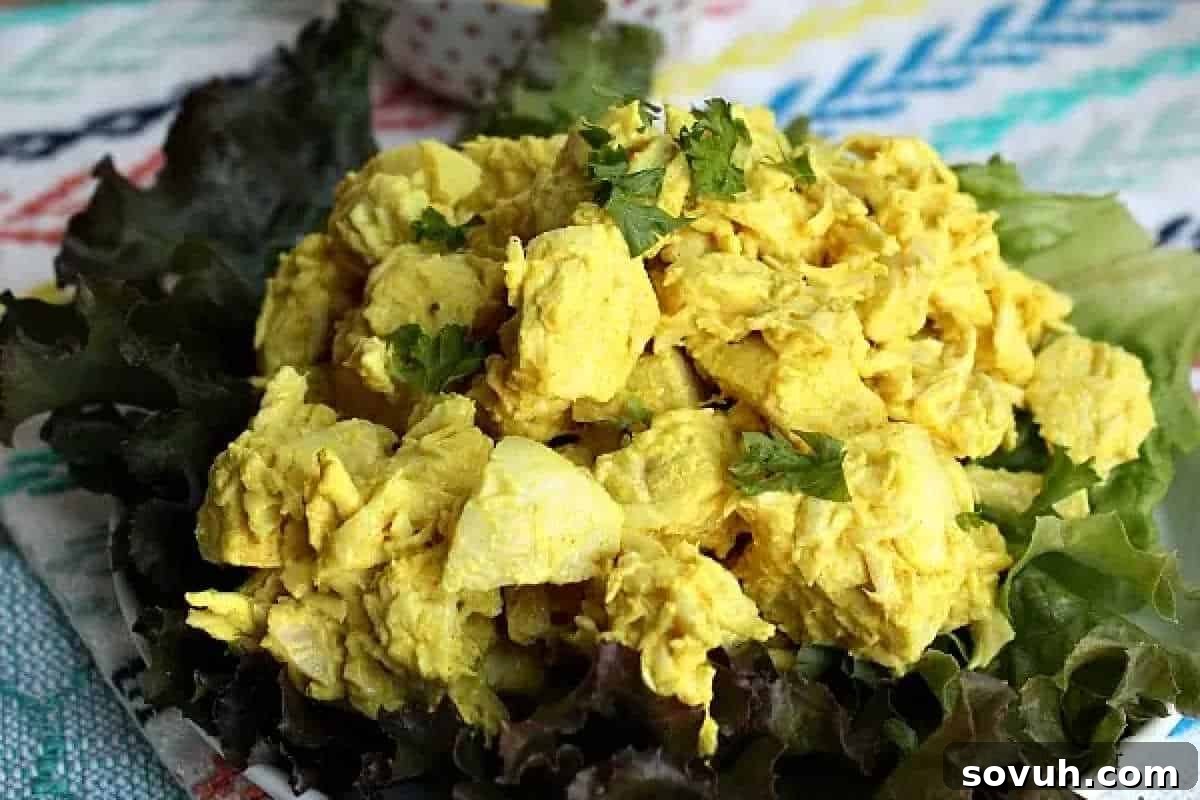 A plate of chicken salad with yellow curry dressing, garnished with cilantro, served on a bed of lettuce.