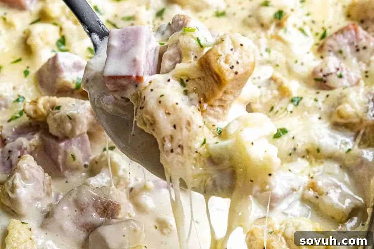 A close-up shot of a creamy, inviting casserole featuring succulent chunks of chicken and ham, topped with glistening melted cheese and sprinkled with fresh herbs, being scooped with a serving spoon.
