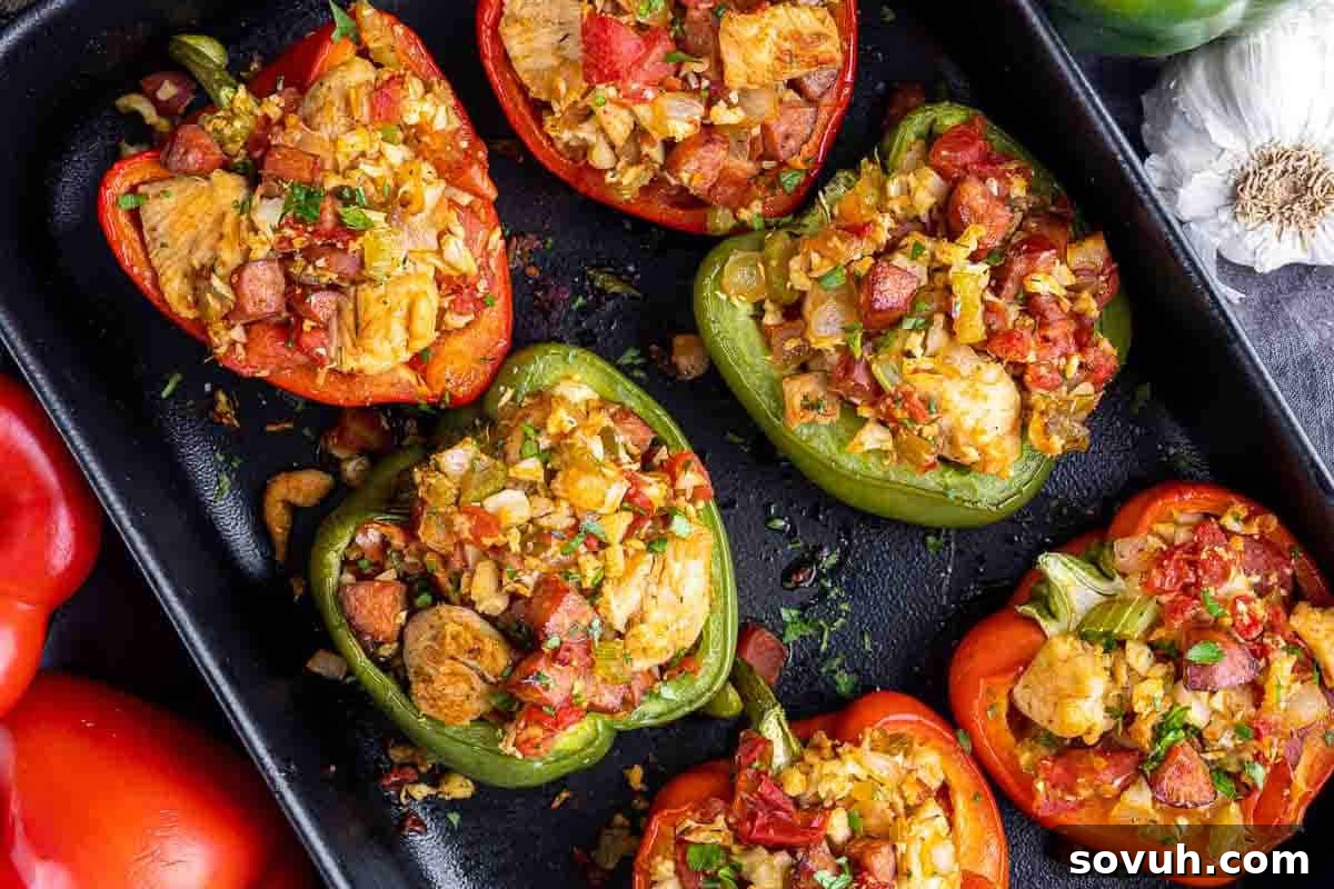 A rustic baking tray showcasing an array of vibrant, colorful stuffed bell peppers, brimming with a savory mixture of rice, assorted vegetables, and diced meats. Fresh garlic cloves and whole bell peppers are artfully arranged nearby.