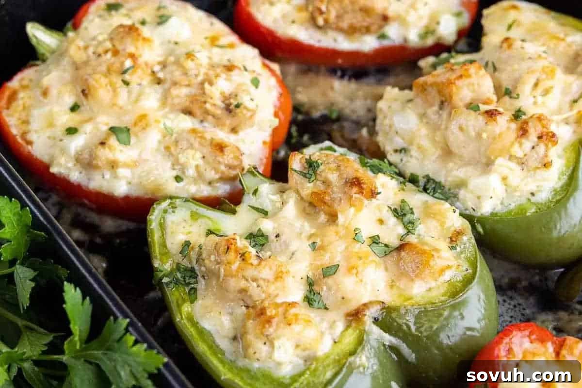 Colorful bell peppers, both green and red, are generously stuffed with a creamy, cheesy filling, topped with extra cheese and fresh herbs, and baked to golden perfection in a pan.