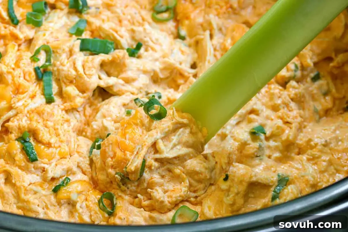 Close-up of buffalo chicken dip garnished with chopped green onions, with a celery stick dipped in.