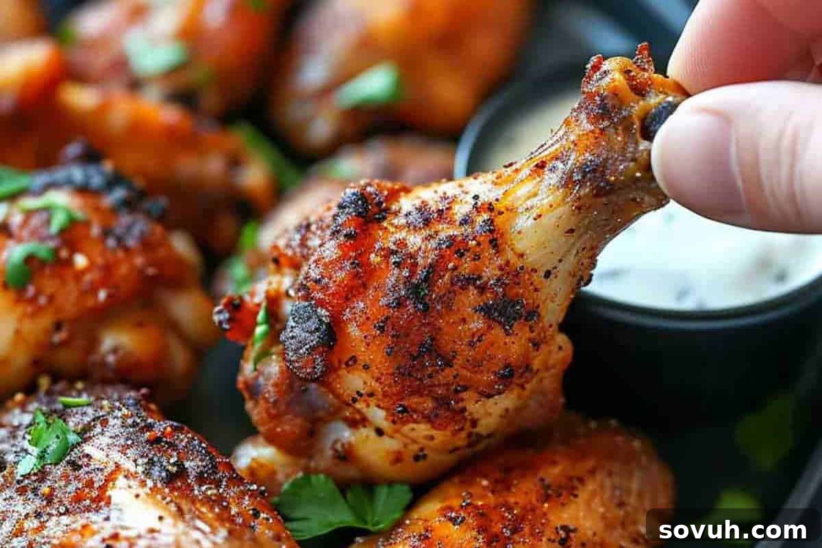 A hand holding a seasoned cooked chicken drumstick, with more drumsticks and a small bowl of dipping sauce in the background.
