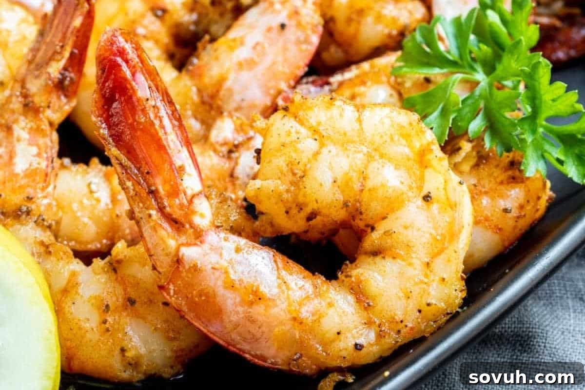 Close-up of seasoned and cooked shrimp garnished with parsley, served on a black plate with a lemon slice.