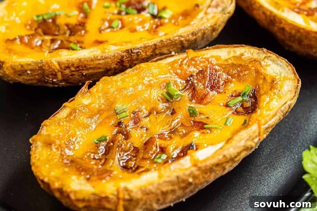 Close-up of a baked potato skin filled with melted cheese, bacon bits, and chives.