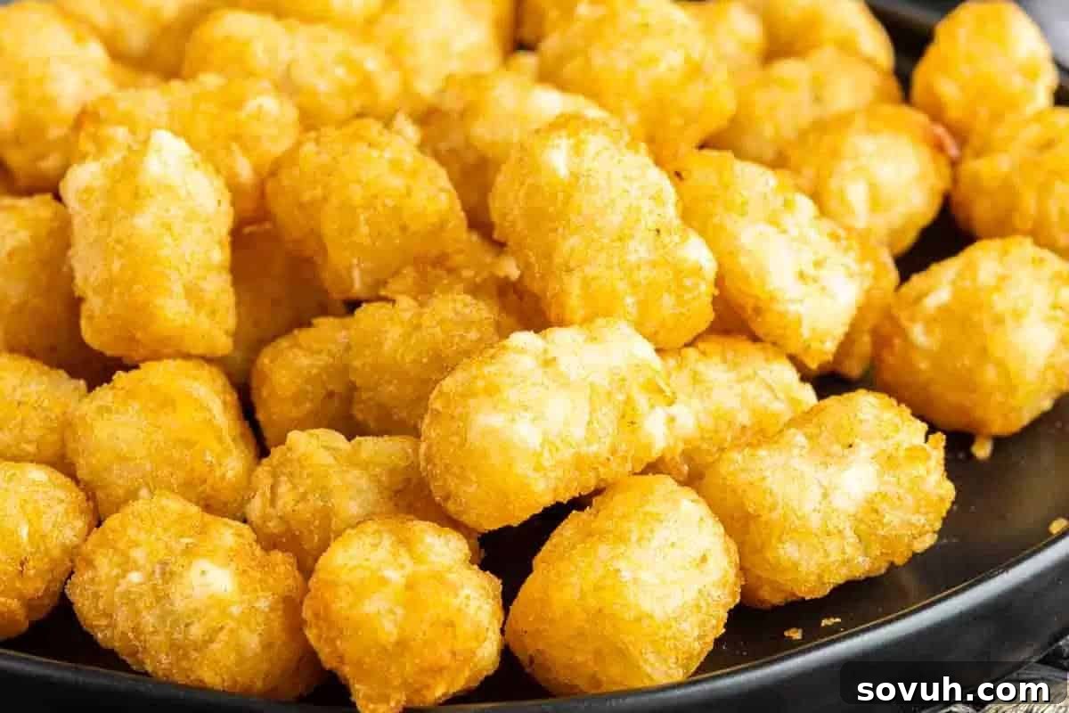 A plate filled with golden-brown, crispy air-fried tater tots.