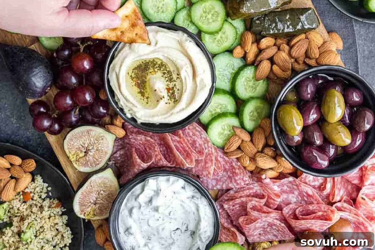 A hand dips a pita chip into hummus on a platter with sliced cucumbers, olives, almonds, figs, grapes, cured meats, and a bowl of tzatziki, creating a rich Mediterranean spread.
