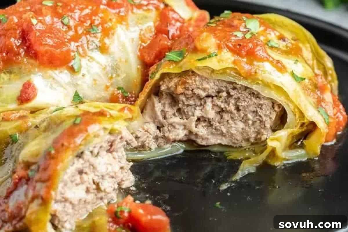 A beautifully plated stuffed cabbage roll, partially cut open to reveal a hearty filling of seasoned ground meat and rice, topped with a rich tomato sauce and garnished with fresh herbs.