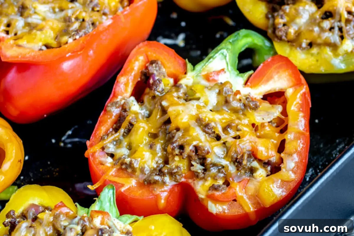 Vibrant bell peppers, generously stuffed with a savory mixture of seasoned ground beef, cauliflower rice, and black beans, then baked until tender and topped with melted cheese, served in a rustic baking dish.