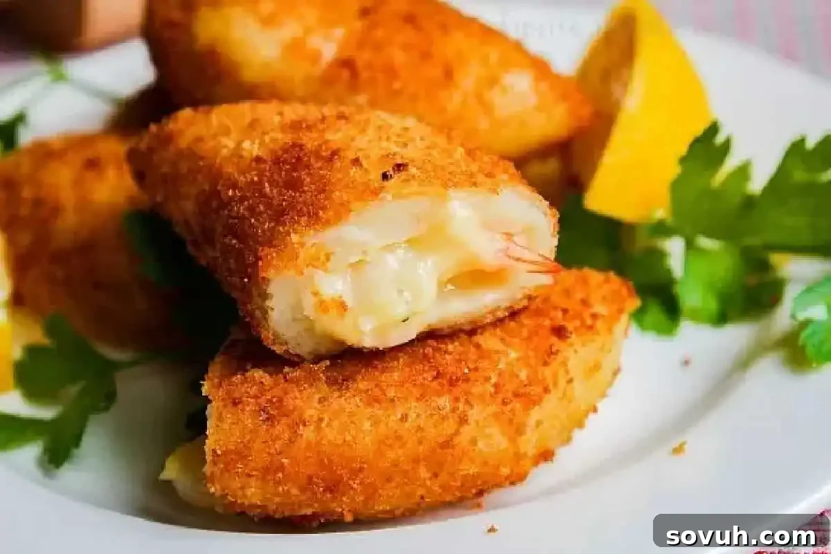 Close-up of breaded and fried croquettes with a melted cheese filling on a white plate, garnished with parsley and a lemon wedge.