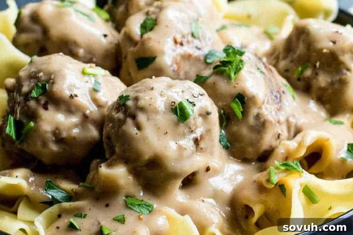 Meatballs with creamy brown sauce served over pasta, garnished with chopped parsley.