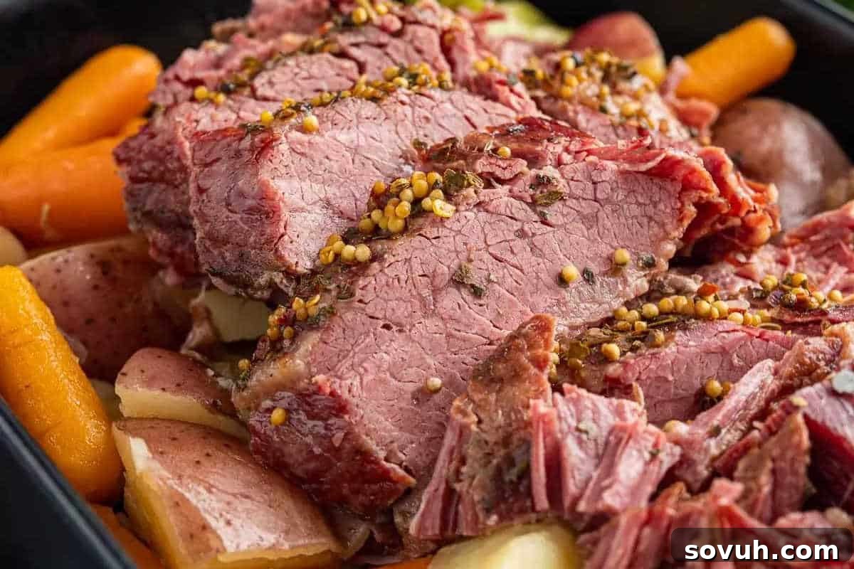 Tender slices of corned beef, garnished with mustard seeds, served alongside perfectly cooked carrots and potatoes on a rustic plate.