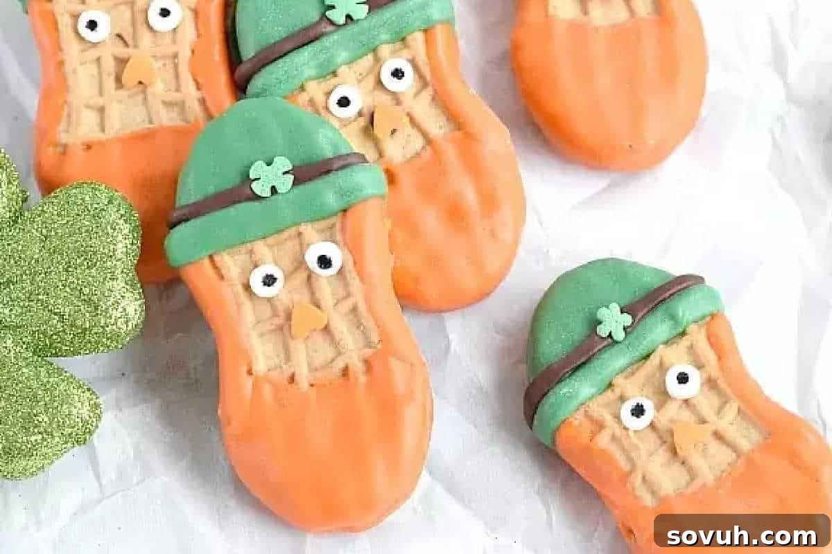 Adorable Leprechaun-themed cookies, ingeniously crafted from Nutter Butter cookies, decorated with vibrant green hats, playful orange coatings, and tiny candy eyes. A shimmering green shamrock glitters nearby, adding to the festive display.