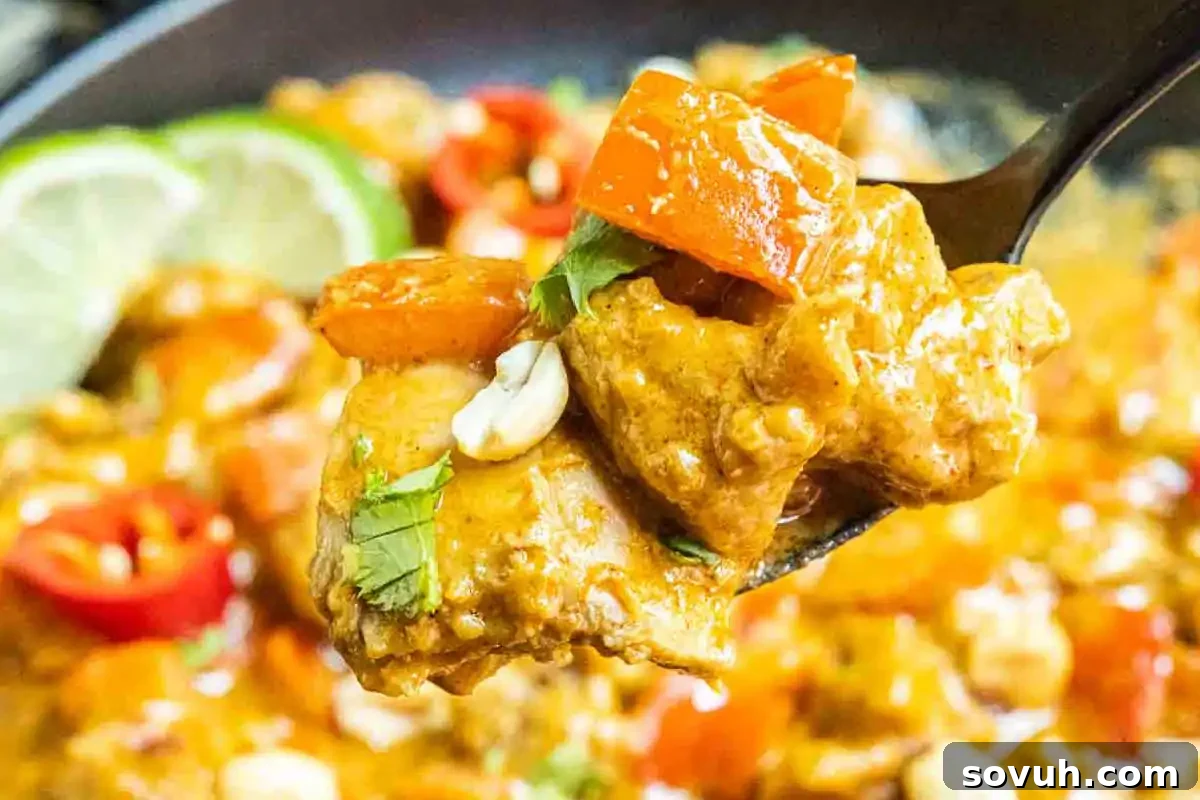 Close-up of a spoonful of curry with chunks of chicken, red bell pepper, peanuts, and herbs. Limes and additional curry are visible in the blurred background.