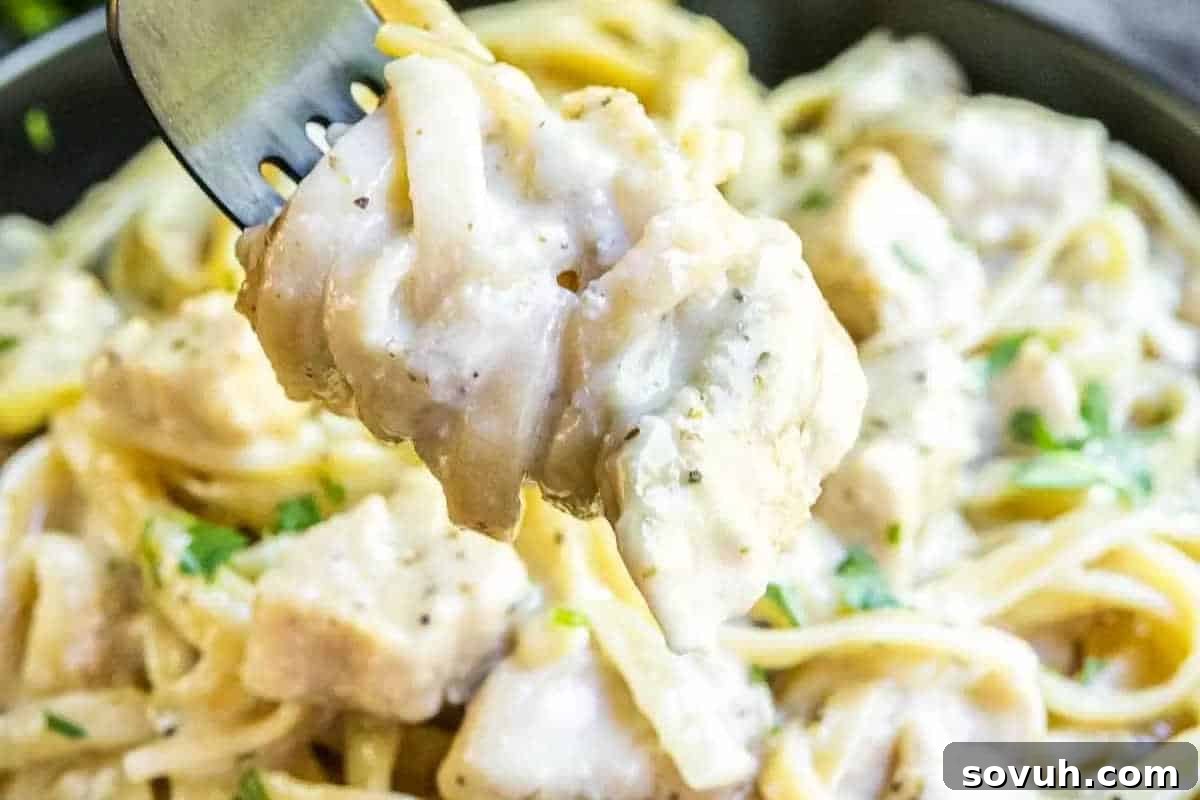 A fork holding creamy pasta with chicken pieces and herbs, above a bowl of more pasta.