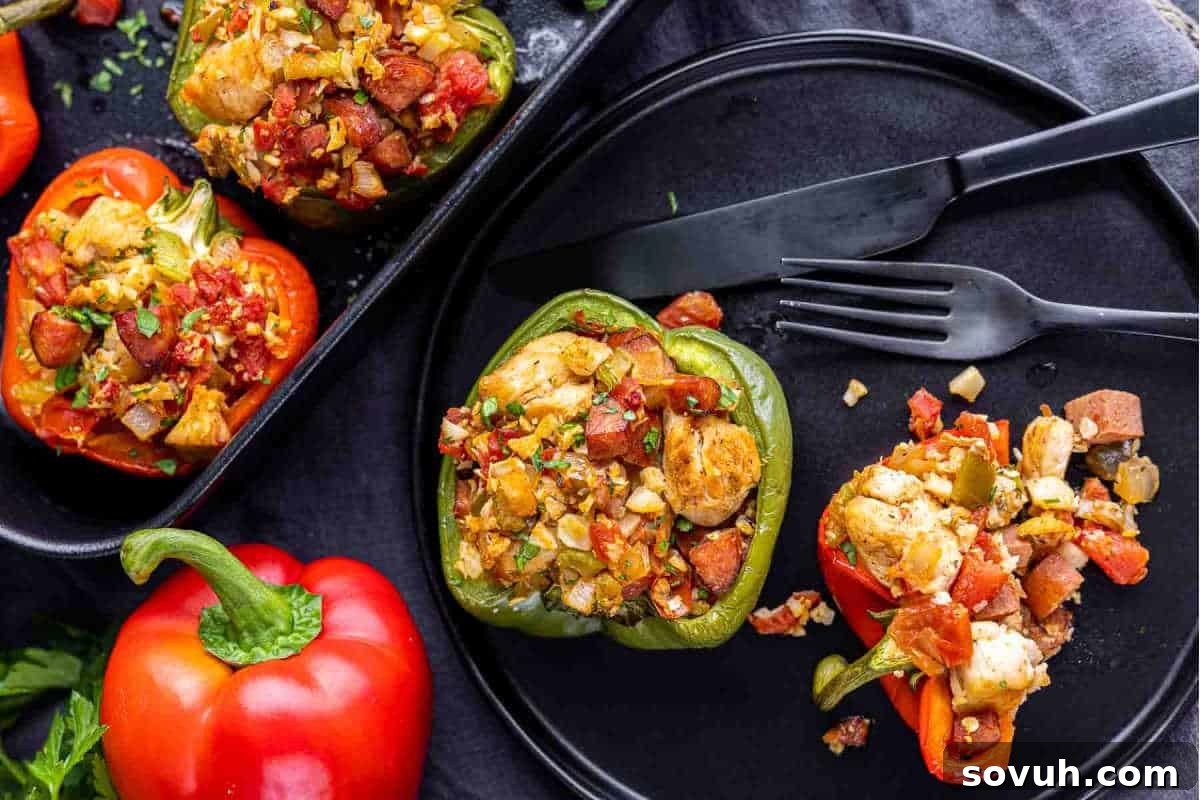 Stuffed bell peppers filled with diced vegetables and meats on a black plate and tray, with a fork and knife, against a dark backdrop. A whole red pepper is placed nearby.