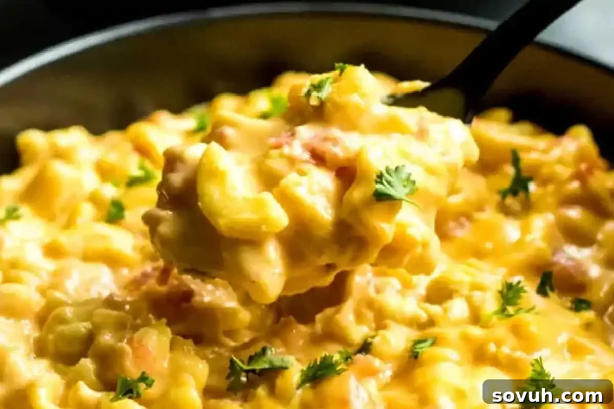 A spoonful of creamy macaroni and cheese garnished with chopped parsley.