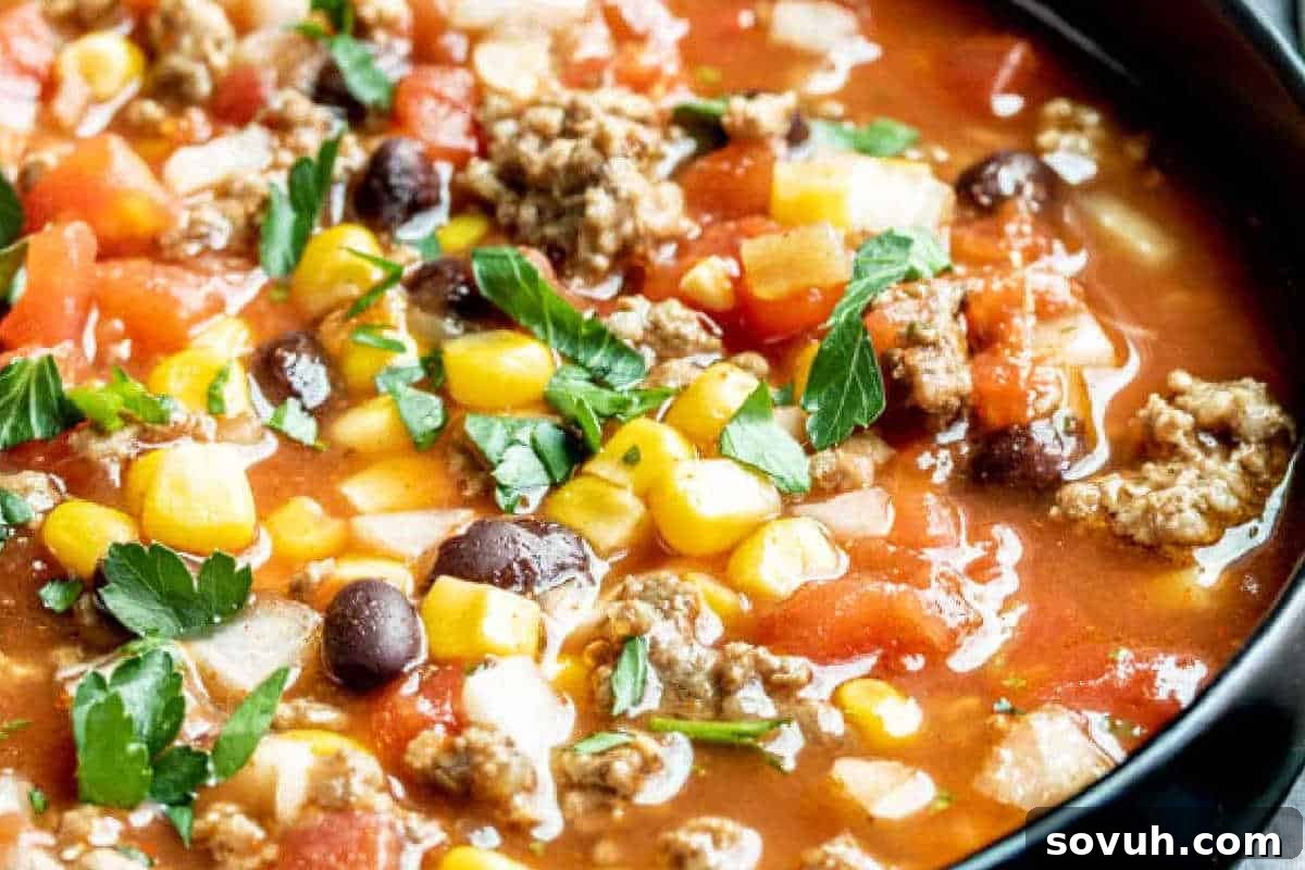A close-up of a colorful chili dish with ground meat, corn, black beans, tomatoes, and fresh parsley in a bowl.