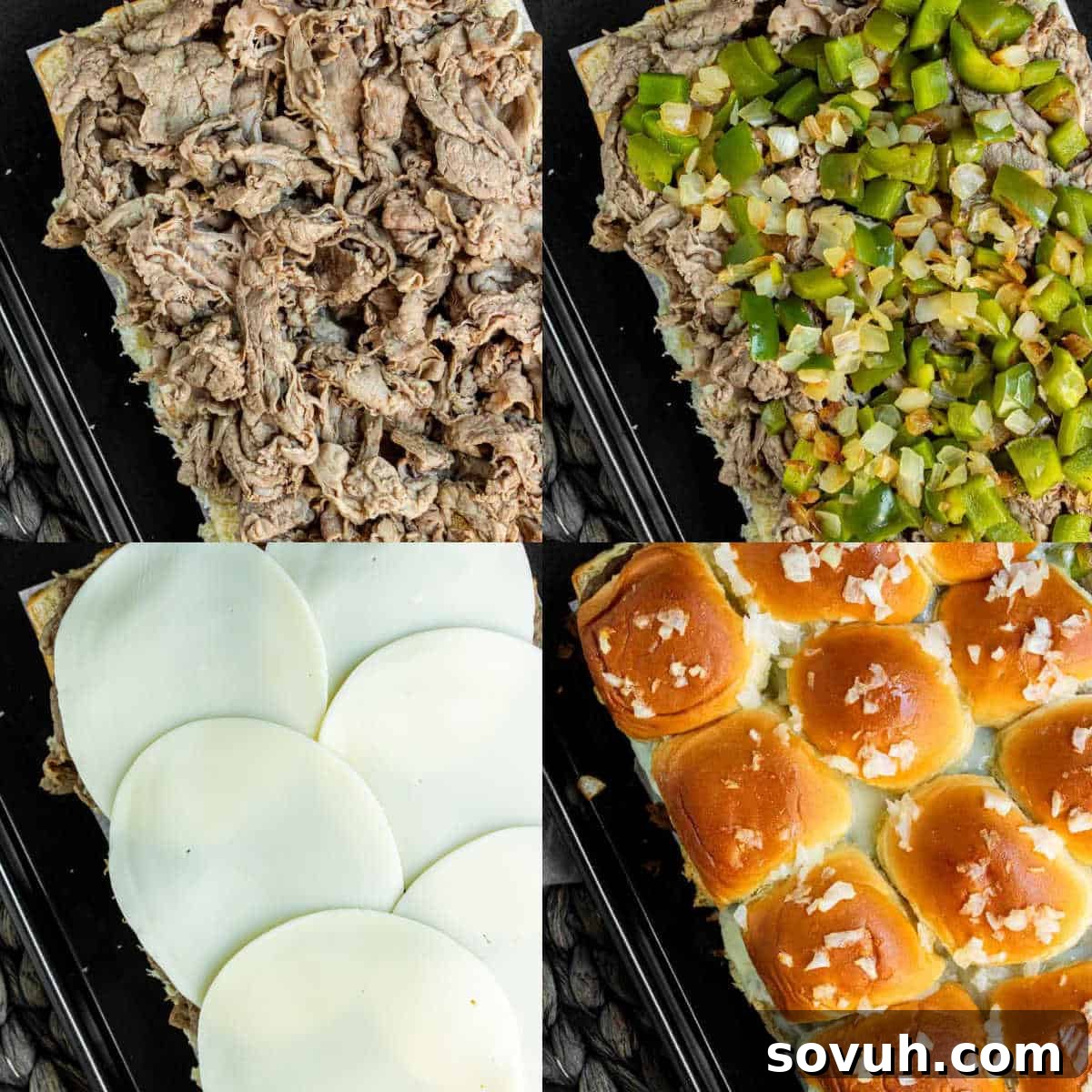 A step-by-step collage showing ingredients and preparation stages for making Philly Cheesesteak Sliders.