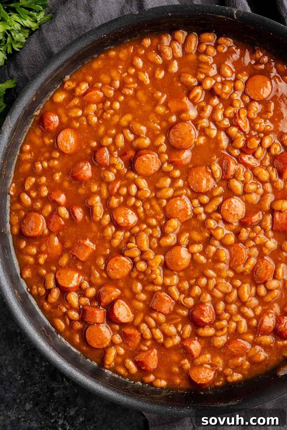 A pan filled with Easy Franks and Beans  