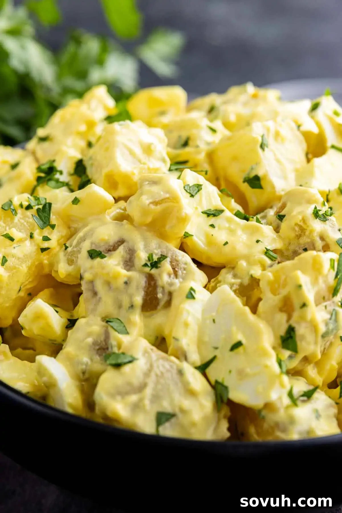 A close-up of potato salad with chopped parsley on top, featuring chunks of potatoes and a creamy dressing.