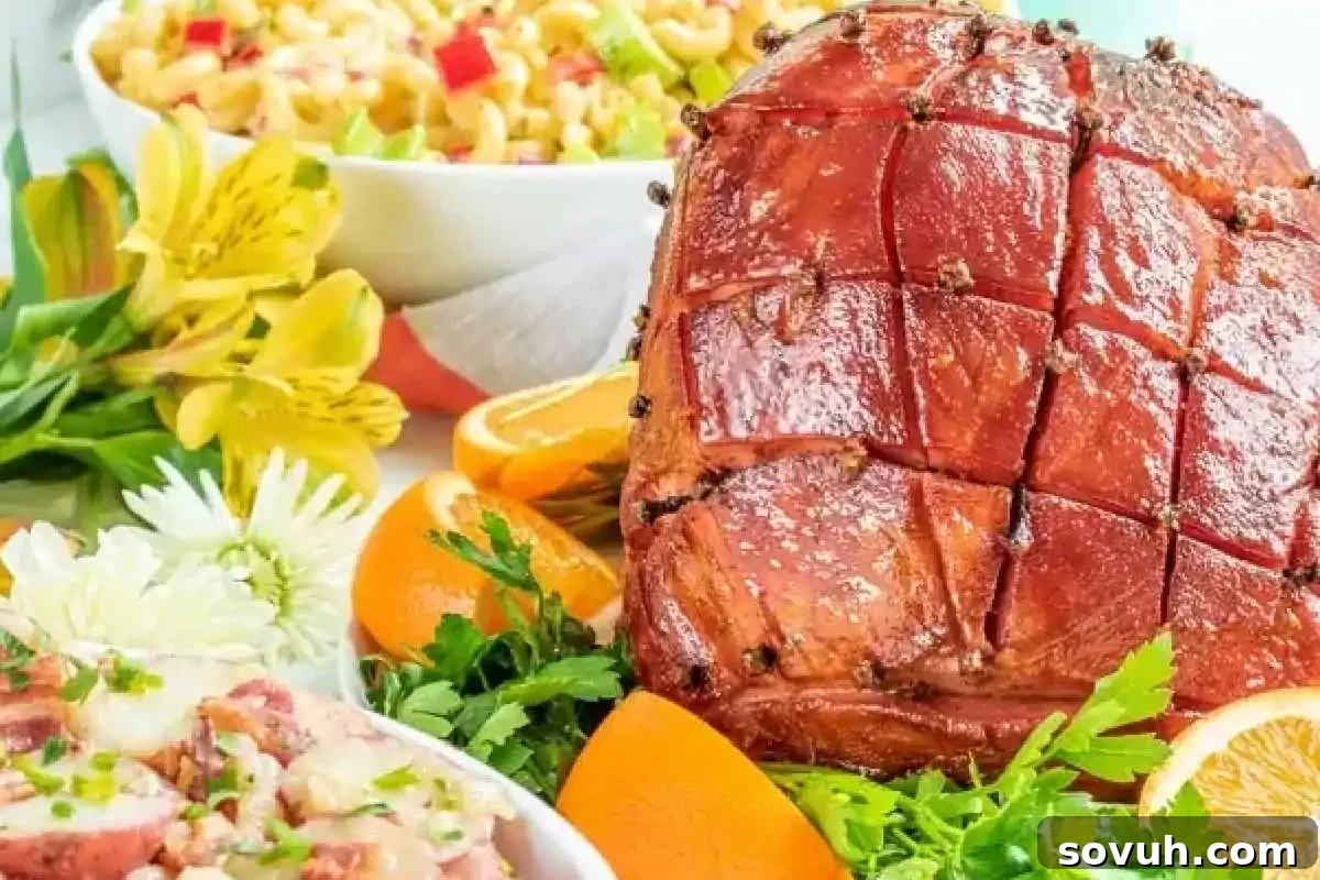 A cooked, glazed ham with a diamond pattern and cloves, surrounded by orange slices and parsley. A bowl of pasta salad and sliced potatoes with parsley garnish are in the background.