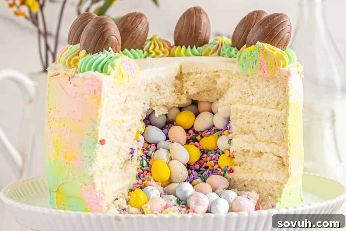 Cake with pastel swirled frosting, topped with chocolate eggs. A cross-section reveals hollow center filled with colorful candy eggs and sprinkles.