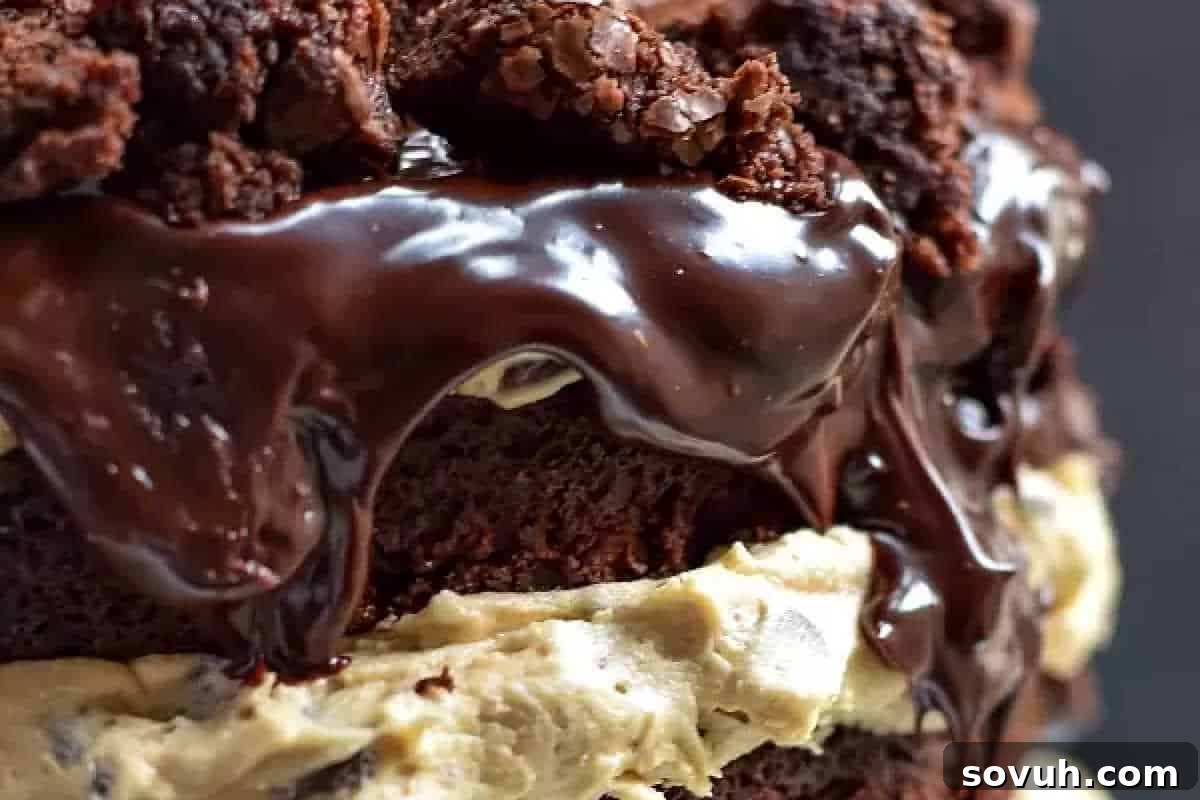 Close-up of a layered chocolate cake with rich, glossy chocolate ganache and cream filling. Crumbly chocolate pieces are scattered on top.