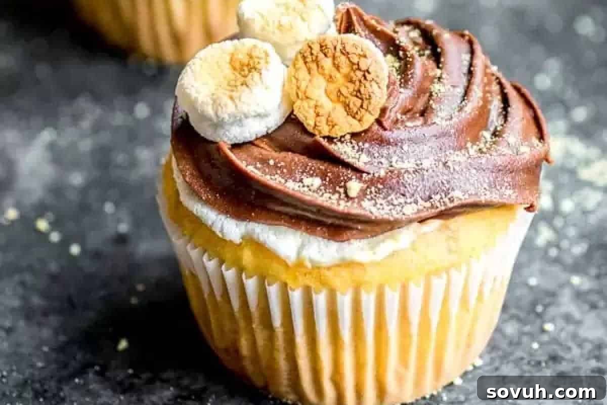 A delectable S'mores Cupcake featuring rich chocolate frosting, crowned with perfectly toasted marshmallows, and sprinkled with graham cracker crumbs, resting invitingly on a dark surface, evoking a cozy campfire experience in a portable treat.